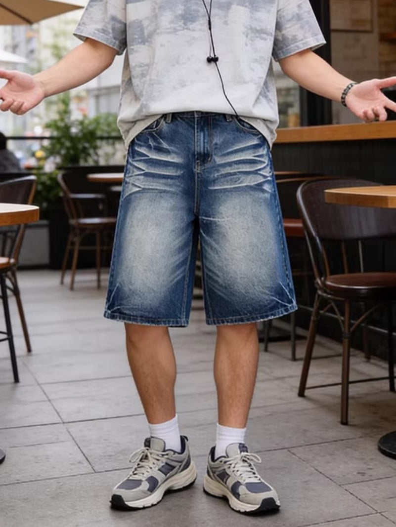 Cat Whiskers Distressed Gradient Denim Five Points Loose-fit Shorts