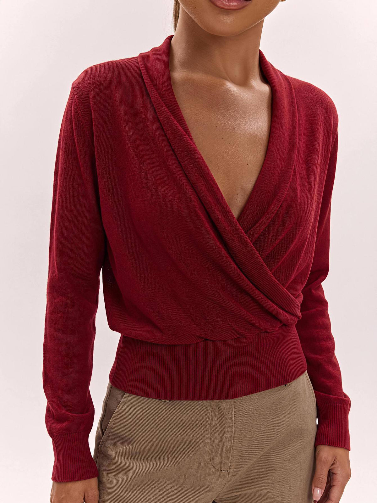 Wool Cross Wrap V Neckline, Fitted Waist, Long Sleeves