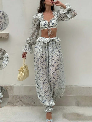 Cropped Top Bandage Long Sleeve Knitted Pants Pants Floral Set 2-piece Sets