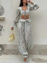 Cropped Top Bandage Long Sleeve Knitted Pants Pants Floral Set 2-piece Sets