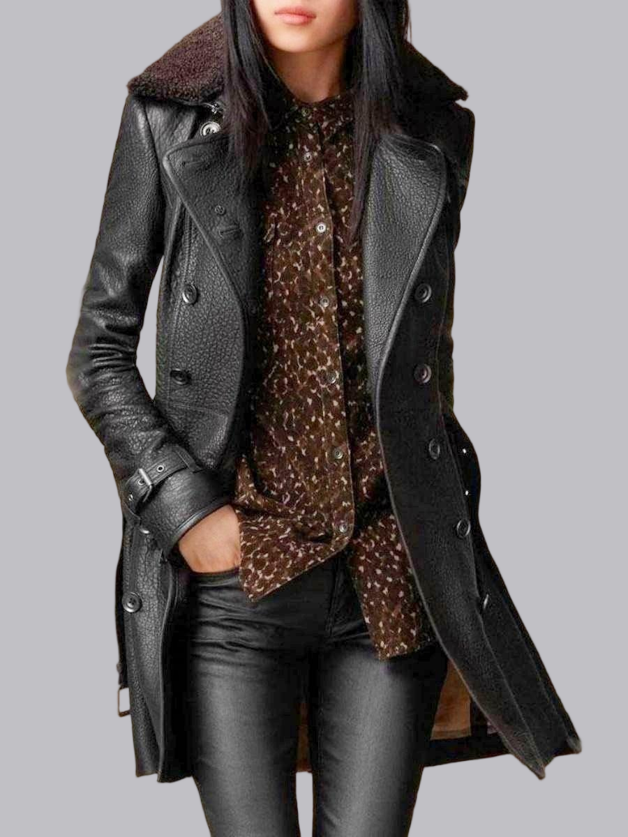 Schwarze, voluminöse Pelzkragenknöpfe, mittellange Lederjacken