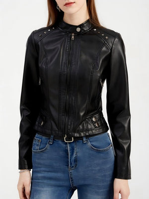 Studs Long Sleeve Stand Collar PU Leather Jackets