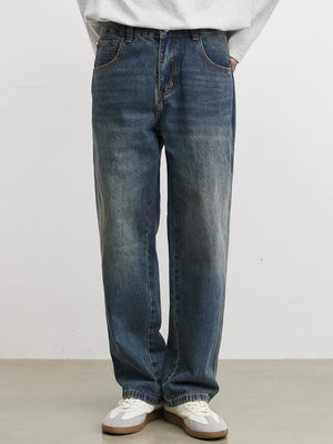 Washed Straight-fit Simple Jeans
