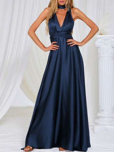 V-neck Satin Ribbon Long Skirt Parties Maxi Dresses