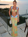 Color-blocked Print Strappy Top High-waisted Midi Skirt 3 Piece Bikinis