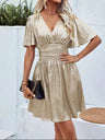 V-neck With Ruffled Sleeves Metallic Color Mini&Short Dresses