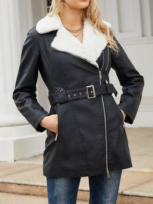 Long Sleeve Plush Lapel Double-ended Zipper With Belt Keep Warm Leather Jacket