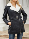 Long Sleeve Plush Lapel Double-ended Zipper With Belt Keep Warm Leather Jacket