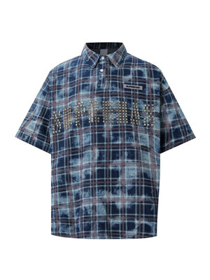 Distressed Tie-dye Plaid Studs Polo Shirts