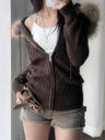Twisted Dough Sticks Plush Patchwork Hoodies Zipper Sweater Cardigan