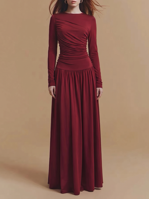 Burgundy Long-sleeved Round Neck Pleated Maxi Dress