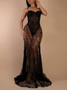 Abendkleid mit Spitzenbesatz, durchsichtiges rückenfreies Camisole, Maxikleid
