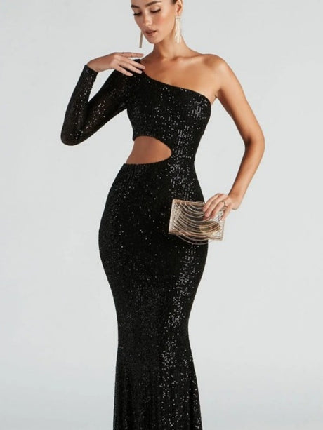 Off-shoulder sequins Hollow long dress