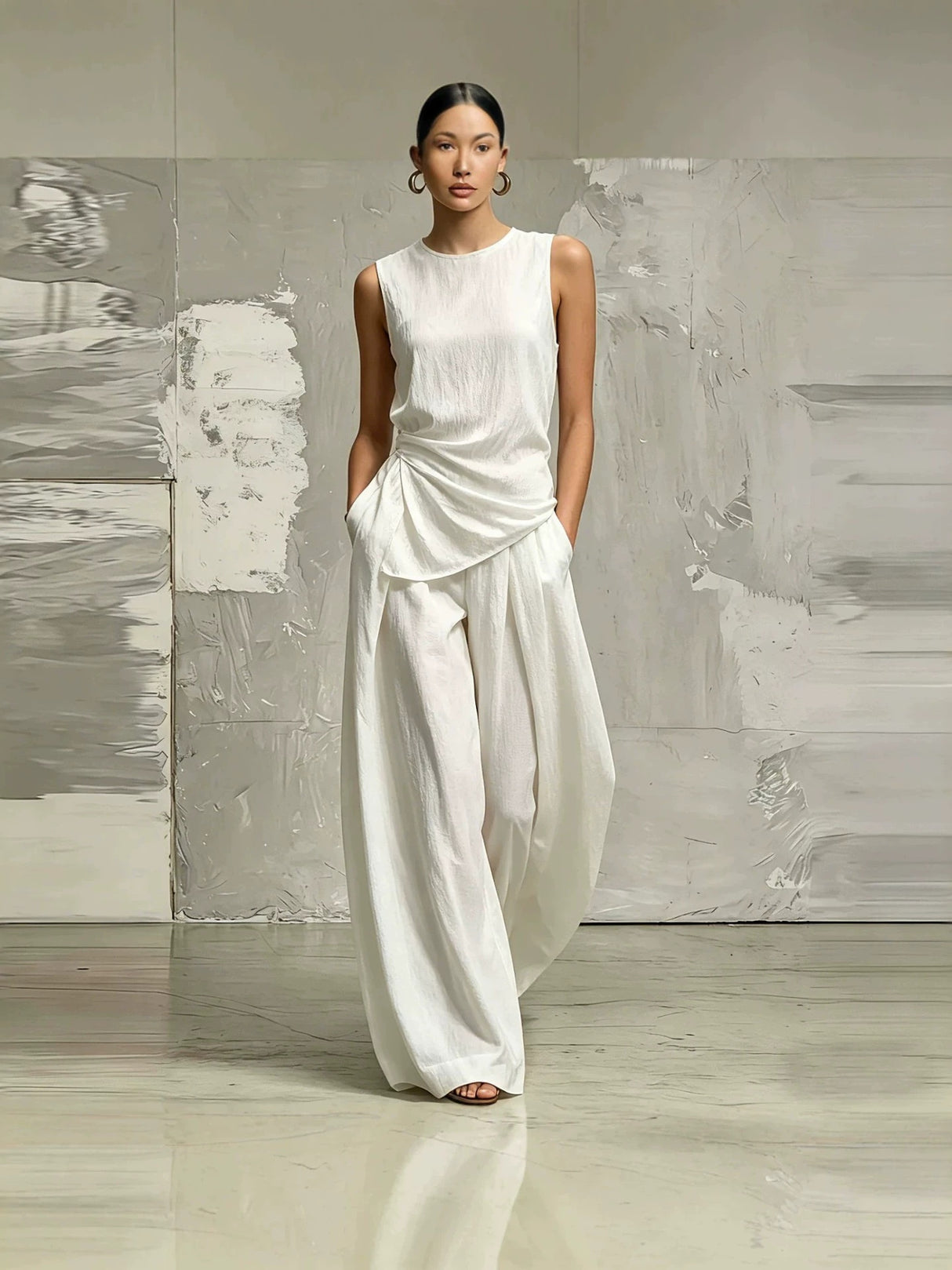 Casual Solid Color Round Neck Loose Sleeveless Top And High-waisted Trousers Two-piece Set