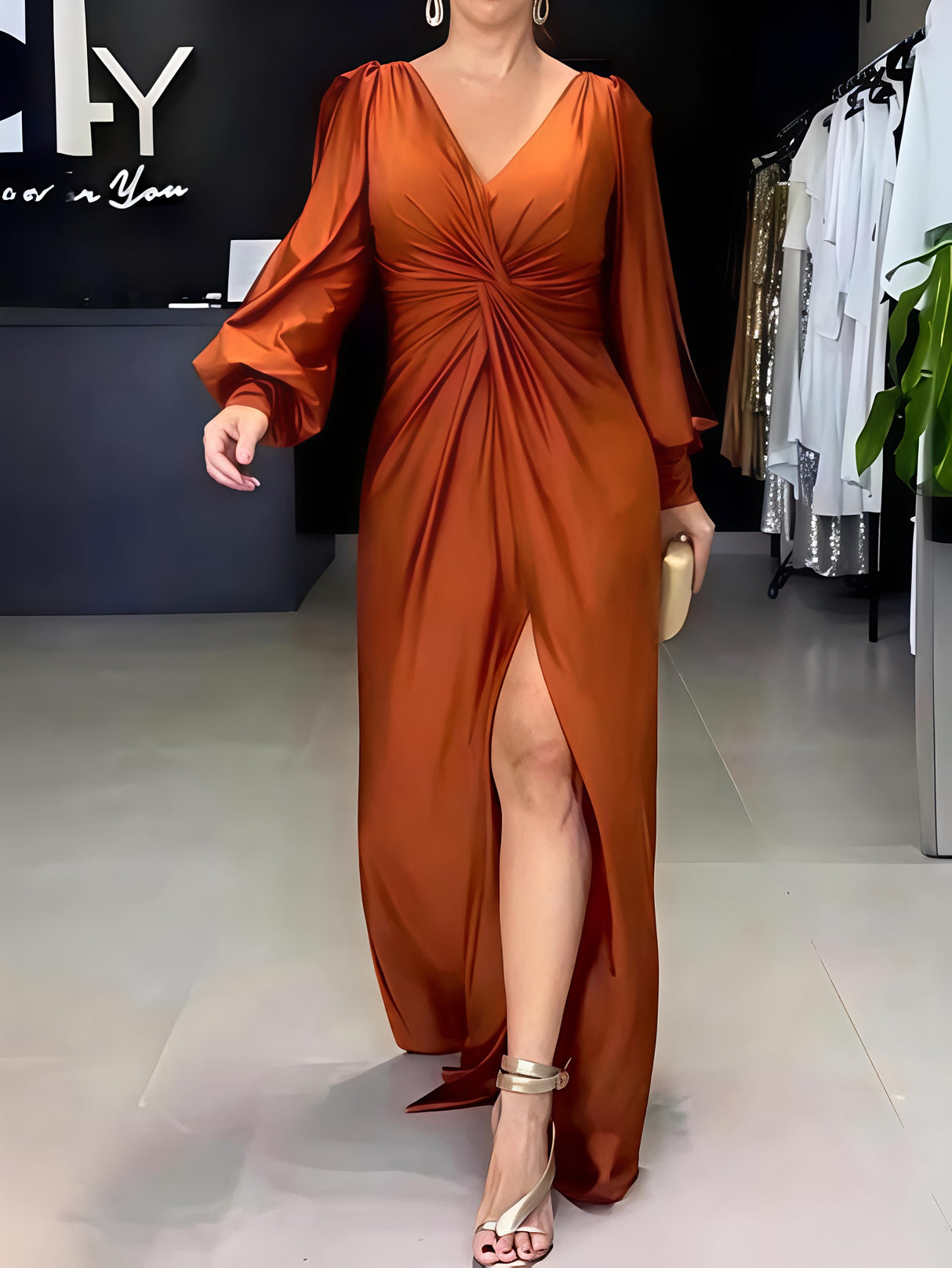 V-neck Solid Color Long Sleeve Slim Fit Slit Maxi Dresses