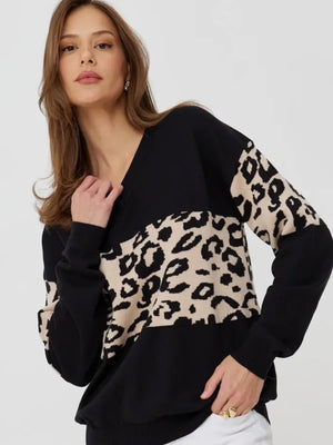 Liber Autumn women's leopard print clothing Raglan sleeve paneled pullover sweater