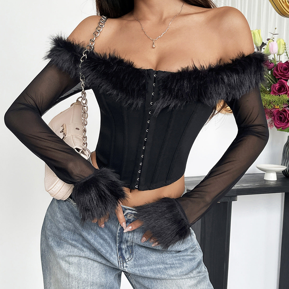 Design Sexy Off-shoulder Fur Collar Decoration Button-down Style Fish Bones Waist Long Sleeve Sheer Tops