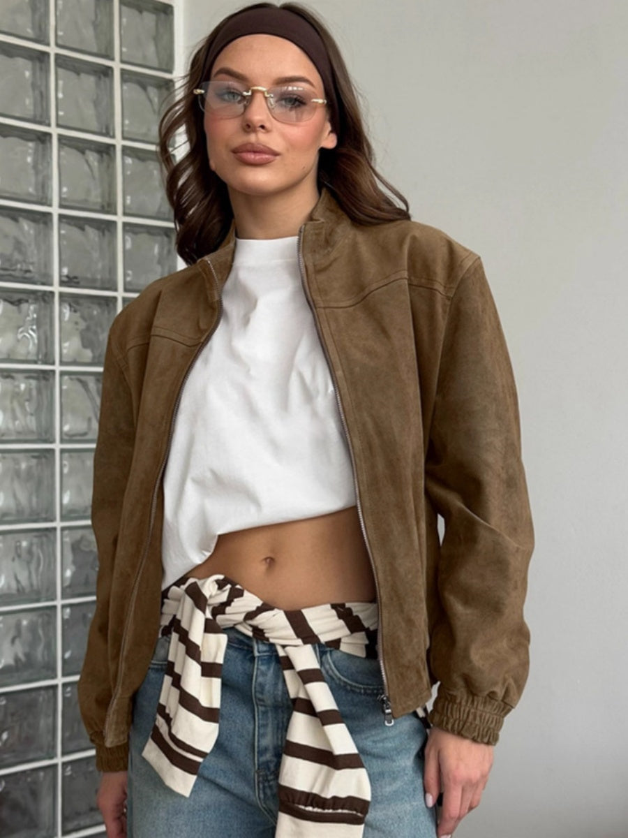 Basic Suede Zipper Khaki Jacket