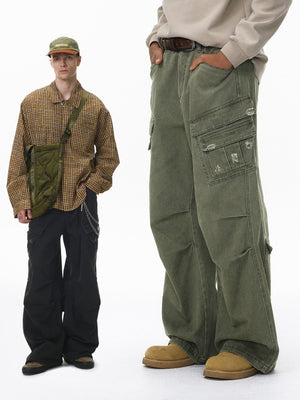 Washing Water Cut Multiple Pockets Old Tooling Casual Trousers
