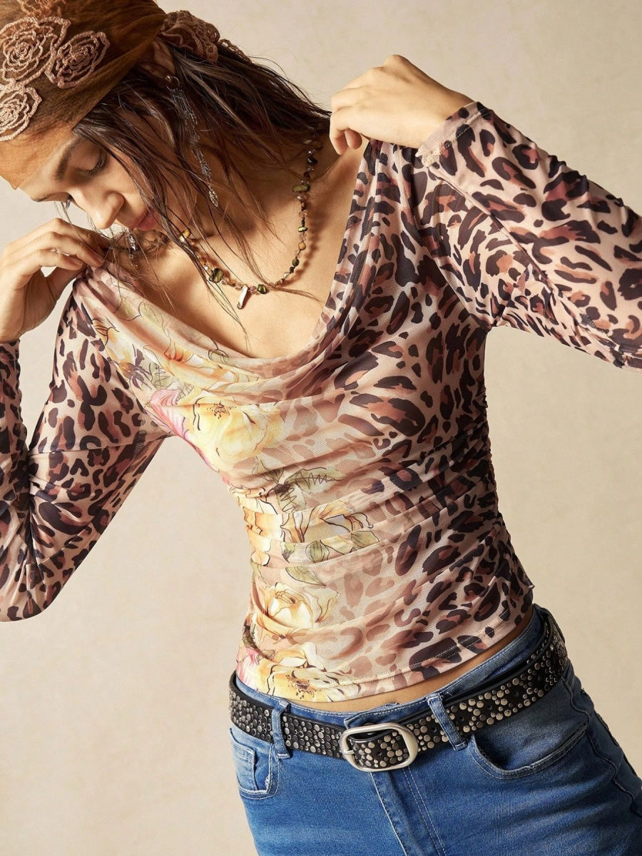 Pullover Mesh Off-shoulder Floral Leopard Print Patchwork T-shirts Swing Collar Street Casual T-shirt