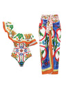 One-shoulder Ruffled Printed Swimsuit And Sun-protective Long Dress Two-piece Set