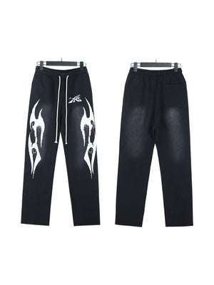 Washing Water Old Printed Zipper Hood Sweatshirt Trousers Set