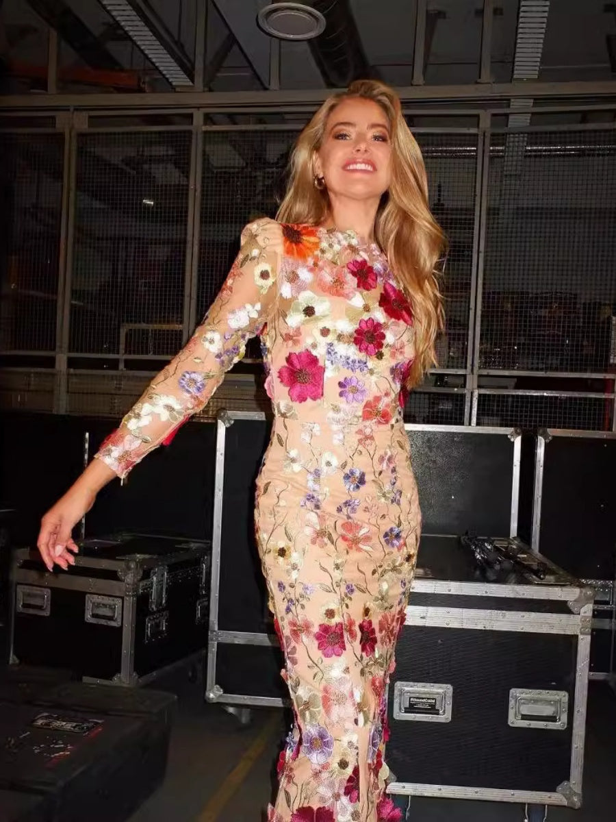 Rundhalsausschnitt, farbenfrohes, dreidimensionales, floral besticktes Netzgewebe, schmale Passform, figurbetontes Meerjungfrauen-Maxikleid