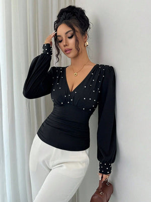 Deep V-neck Slim Fit Pearl Decoration Pleated Waist T-shirt