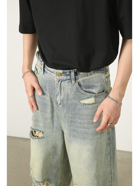 Hole Washed Distressed Loose-fit Wide-leg Jeans