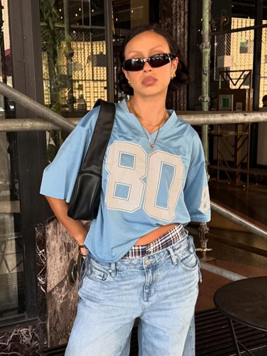 Contrasting Colors Number V-neck, Loose, Casual Basic T-shirts