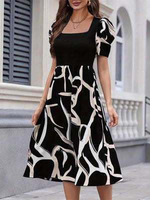 Commuting Knitting Printed Square Collar Puff Sleeve Midi Dresses