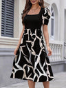 Commuting Knitting Printed Square Collar Puff Sleeve Midi Dresses