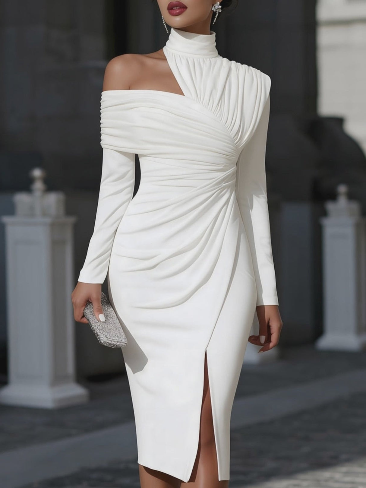 White Solid Color Elegant Slim Fit Midi Dress With Asymmetrical Neckline And Pleats