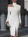White Solid Color Elegant Slim Fit Midi Dress With Asymmetrical Neckline And Pleats
