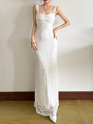 Lace Jacquard Square Neck Suspenders Sweet Pleats Maxi Dresses