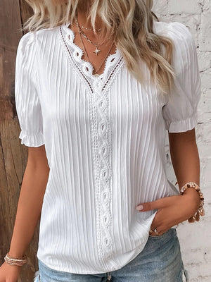 Openwork Lace Puff Sleeve V-neck Vertical Stripes T-shirts