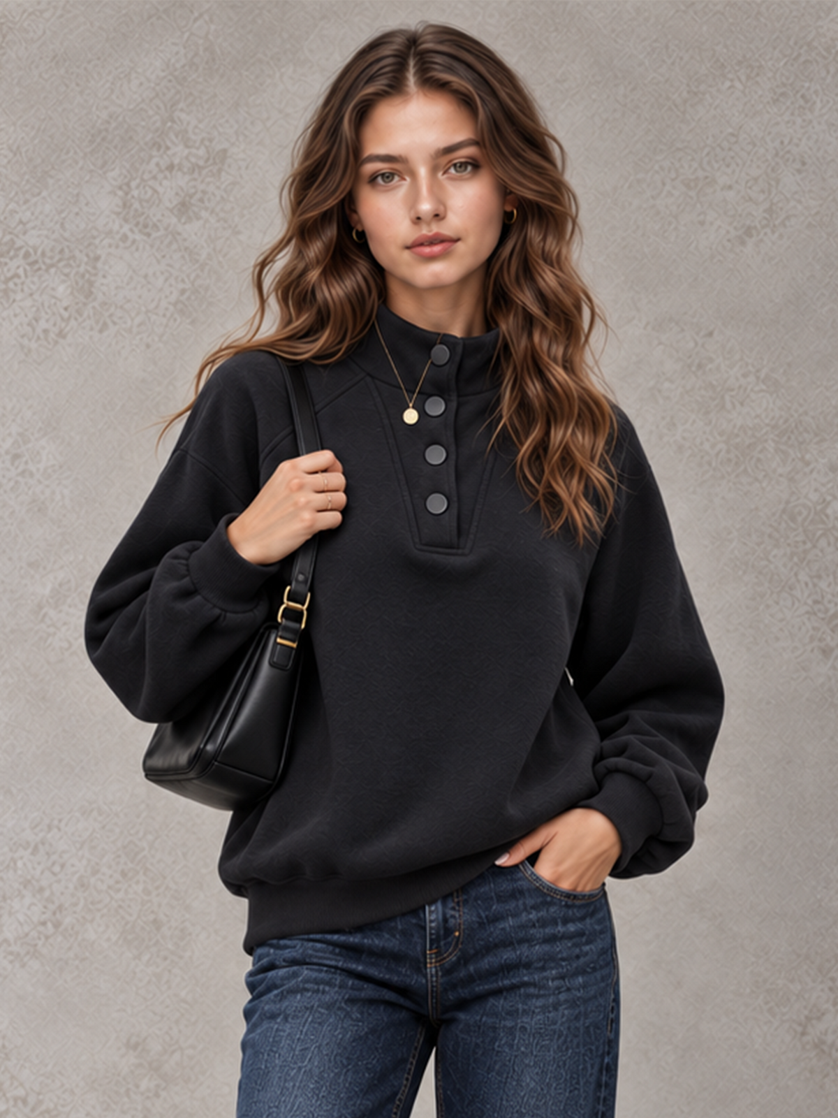 Women's Autumn/Winter Solid Color Stand Collar Button-Up Long Sleeve Sweatshirt