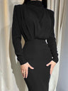 High Neck Style Gathering Long Sleeve Hip-hugging Dinner Cocktail Maxi Dress