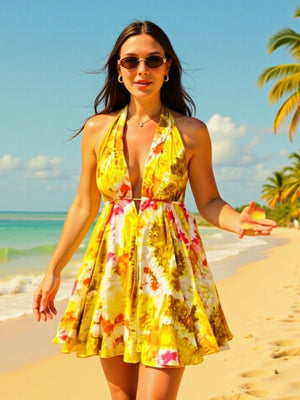 Printed V-neck Halter Neck Backless Maxi Dresses