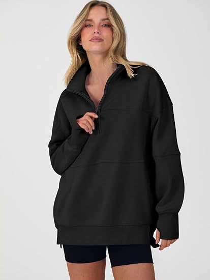 Women's Autumn/Winter Solid Color Half-Zip Long-Sleeve Side-Slit Sweatshirt
