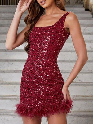 Sequins Feather Splicing Sleeveless Waist-cinching And Hip-hugging Mini&Short Dresses