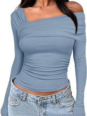 Y2K Pleated Slim Fit One-shoulder Long Sleeve T-shirts