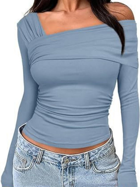 Y2K Pleated Slim Fit One-shoulder Long Sleeve T-shirts
