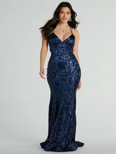 Suspender sequins V-neck long dress