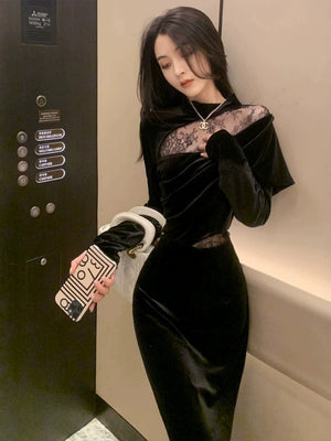 Velvet Dress, Women's Style, Rich Heiress Look, Lace Long-sleeved Black Dress