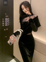 Velvet Dress, Women's Style, Rich Heiress Look, Lace Long-sleeved Black Dress