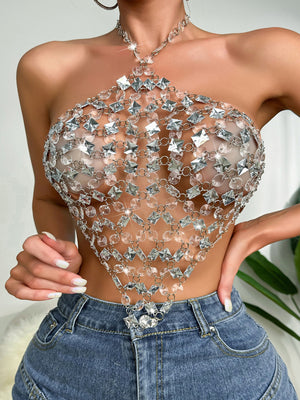 Diamond-studded Openwork Chain Splicing Halter Neck And Backless Tank Tops&Camis