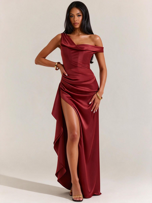 Asymmetrical Satin Shoulder Design With A Cinched Waist Solid Color Maxi Dresses