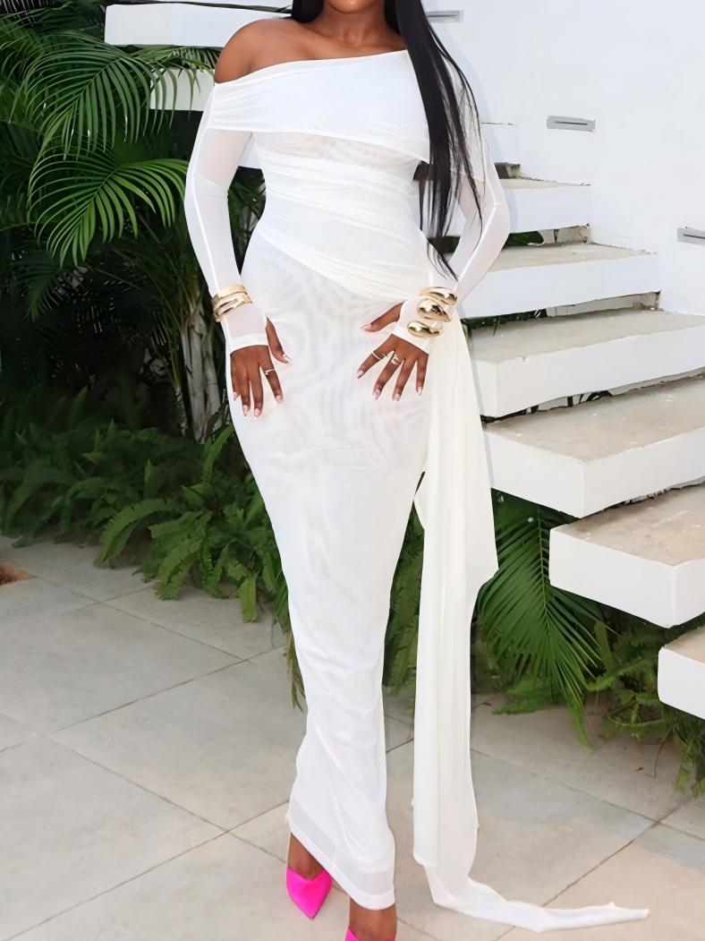 White Off-shoulder Long-sleeved Fitted Mesh Maxi Dress With Ribbon