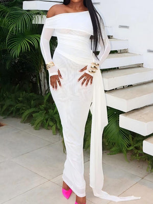 White Off-shoulder Long-sleeved Fitted Mesh Maxi Dress With Ribbon